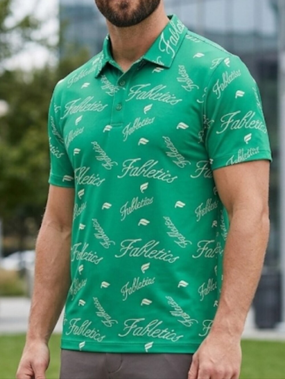 Fabletics Men’s Emerald Green All over Logo-Print Polo Shirt Suze Xl